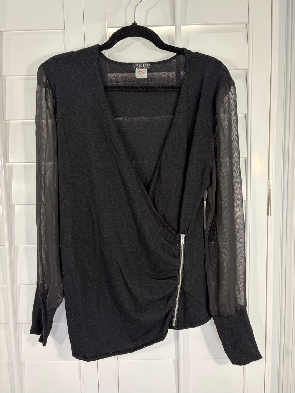 VENUS Black Wrap Top with Sheer Mesh Sleeves (M)